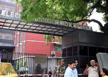 Election Commission of India building layered with digital voting interface, symbolizing new ECINET platform and electoral reforms.