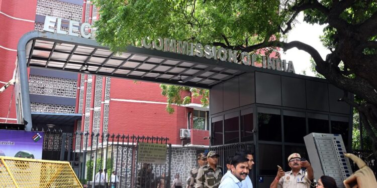 Election Commission of India building layered with digital voting interface, symbolizing new ECINET platform and electoral reforms.