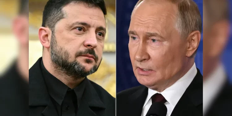 Illustration showing Vladimir Putin, Volodymyr Zelensky, and Donald Trump as key figures in upcoming peace talks.