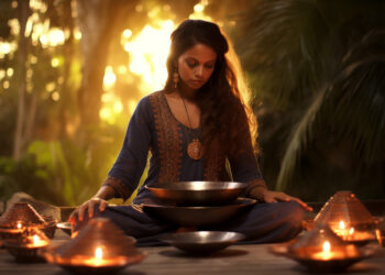 Tourists practicing Yoga by the Ganges in Rishikesh
