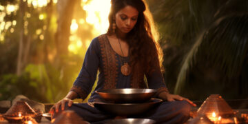 Tourists practicing Yoga by the Ganges in Rishikesh