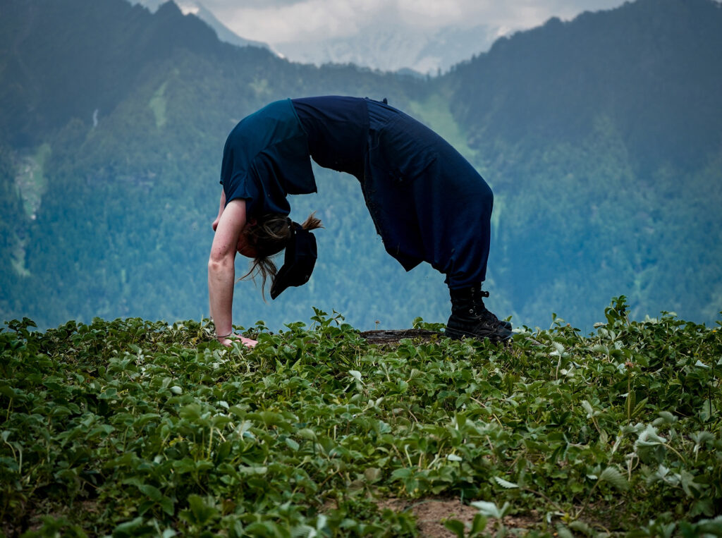 Travellers meditating in a serene Himalayan retreat.